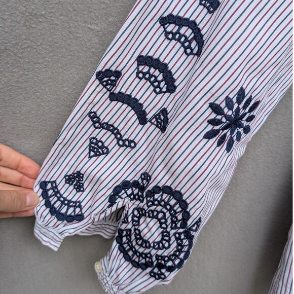 J. Crew Red/Blue Striped Embroidered Sleeves Tie Front/Back Tunic Blouse, size M - Picture 4 of 9